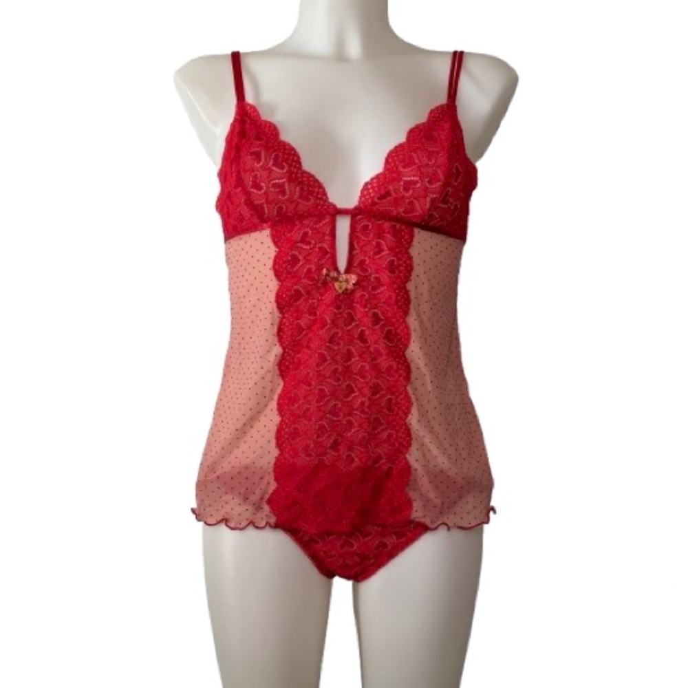 Play Boy Intimates Y2K Red Polkadot Heart Print Sexy 2Pc Lingerie Set Size M